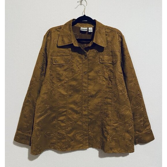 Chicos Top Womens XL Brown Faux Suede Button Up Shacket Embroidered Western Boho - Picture 1 of 6